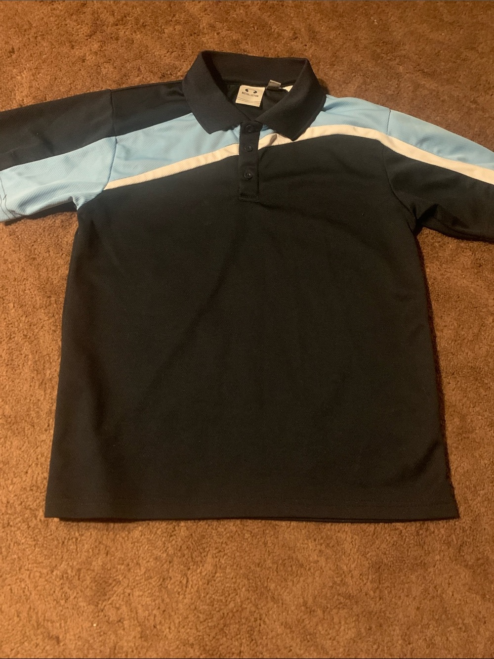 Boys Black Polo with Light Blue & White Shoulder Stripes